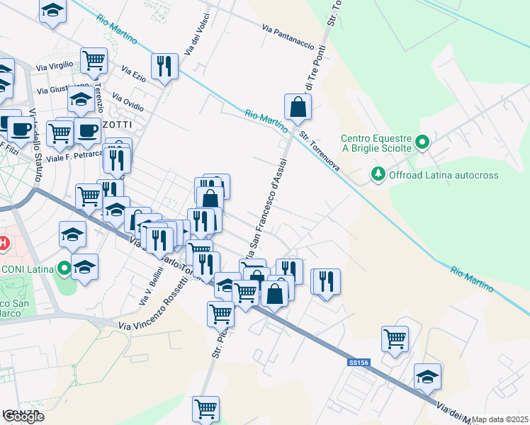map of restaurants, bars, coffee shops, grocery stores, and more near 104 Via San Francesco d'Assisi in Latina
