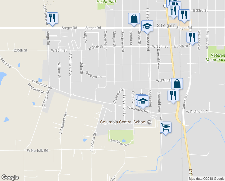 map of restaurants, bars, coffee shops, grocery stores, and more near 3730 Crescent Drive in Steger
