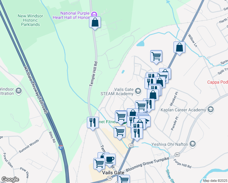map of restaurants, bars, coffee shops, grocery stores, and more near 127 Vails Gate Heights Drive in New Windsor