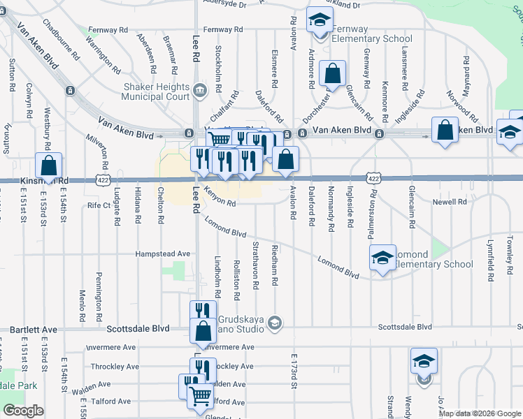 map of restaurants, bars, coffee shops, grocery stores, and more near 17010 Kenyon Road in Shaker Heights