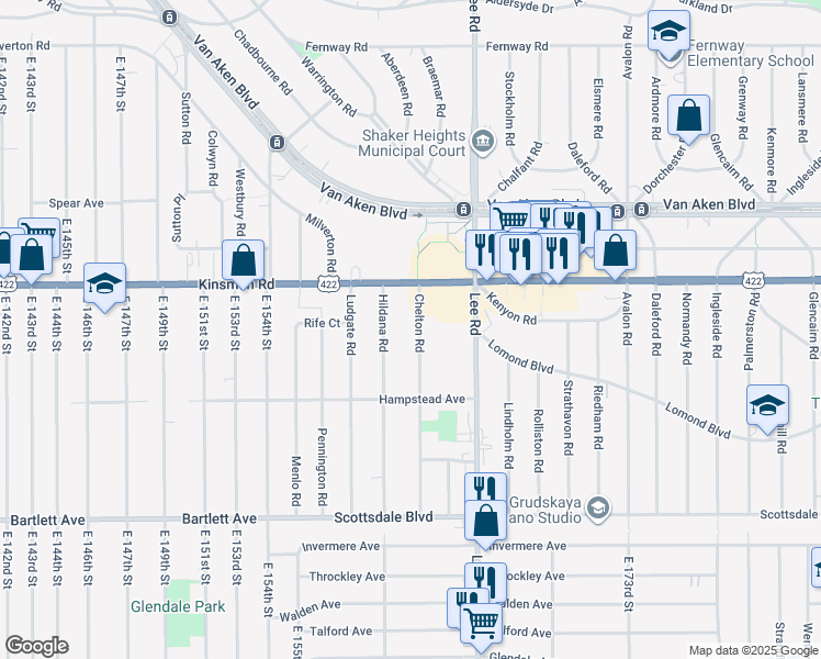 map of restaurants, bars, coffee shops, grocery stores, and more near 3549 Chelton Road in Shaker Heights