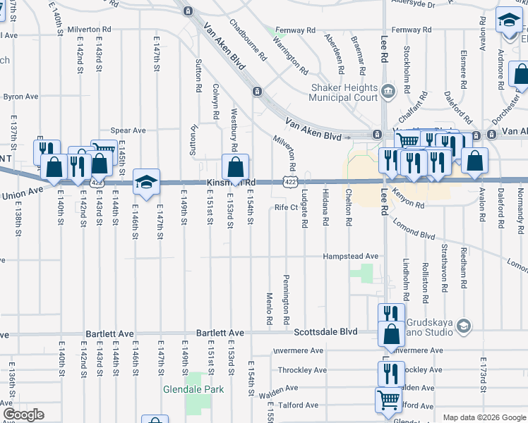 map of restaurants, bars, coffee shops, grocery stores, and more near 3551 East 154th Street in Cleveland