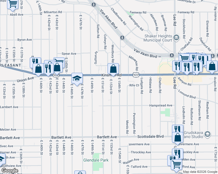 map of restaurants, bars, coffee shops, grocery stores, and more near 3550 East 153rd Street in Cleveland