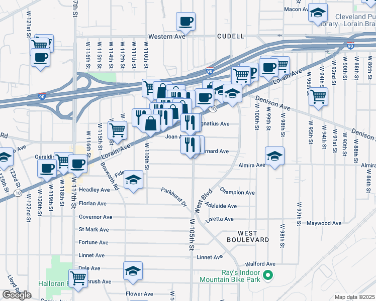 map of restaurants, bars, coffee shops, grocery stores, and more near 3292 West 105th Street in Cleveland