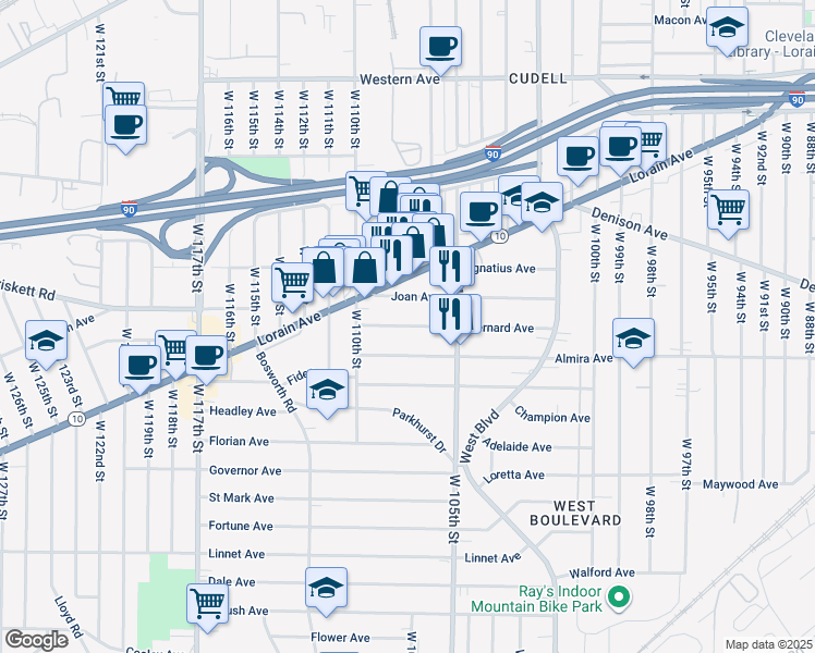 map of restaurants, bars, coffee shops, grocery stores, and more near 10707 Bernard Avenue in Cleveland