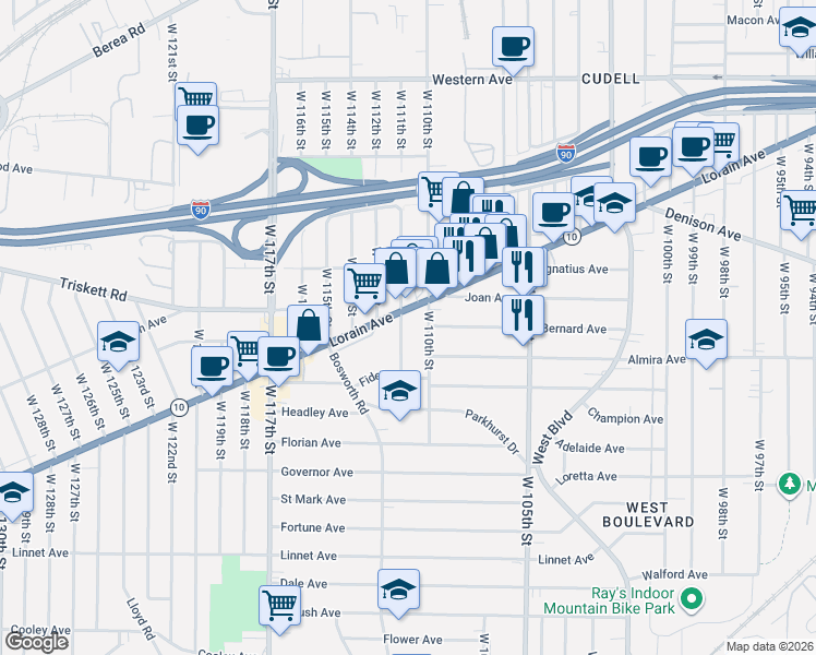 map of restaurants, bars, coffee shops, grocery stores, and more near 3289 West 111th Street in Cleveland