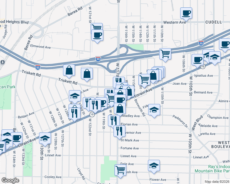 map of restaurants, bars, coffee shops, grocery stores, and more near 11740 Geraldine Avenue in Cleveland