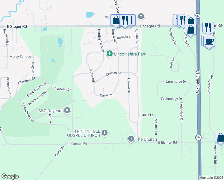 map of restaurants, bars, coffee shops, grocery stores, and more near 3602 Donovan Dr in Crete