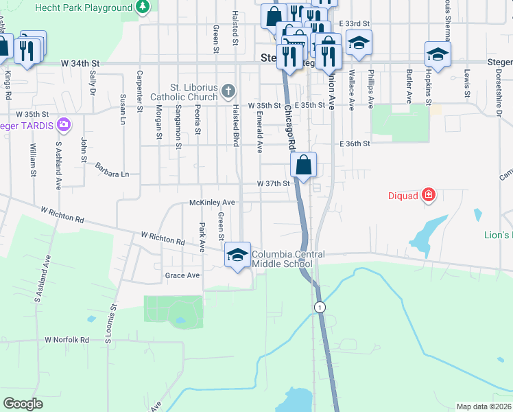 map of restaurants, bars, coffee shops, grocery stores, and more near 54 McKinley Avenue in Steger