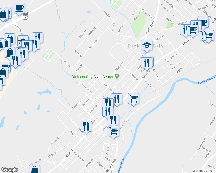 map of restaurants, bars, coffee shops, grocery stores, and more near 698 Jackson Street in Dickson City