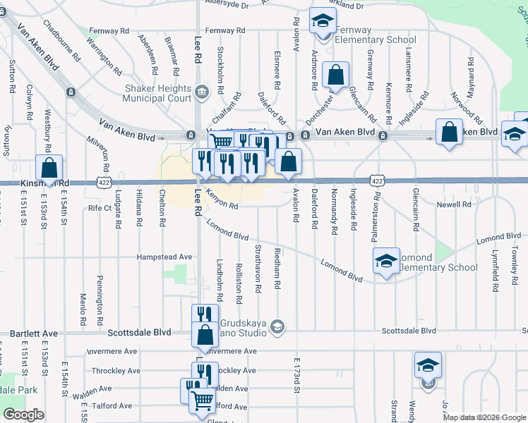 map of restaurants, bars, coffee shops, grocery stores, and more near 17010 Kenyon Road in Shaker Heights