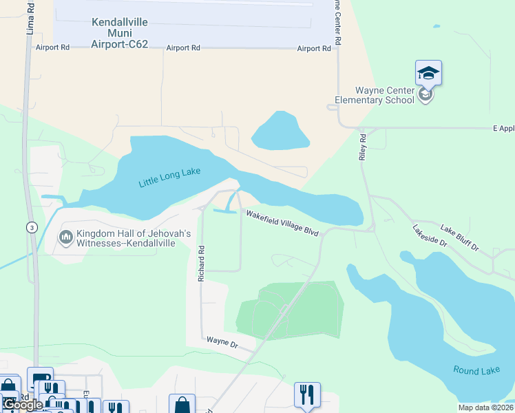 map of restaurants, bars, coffee shops, grocery stores, and more near 609 Wakefield Village Blvd in Kendallville
