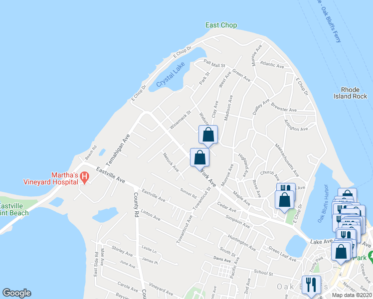 map of restaurants, bars, coffee shops, grocery stores, and more near 135 New York Avenue in Oak Bluffs