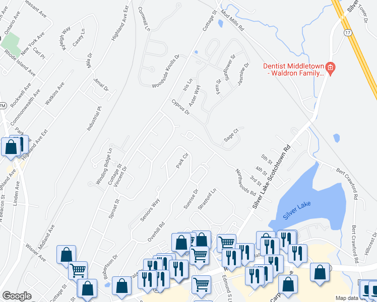 map of restaurants, bars, coffee shops, grocery stores, and more near 10 Park Circle in Middletown