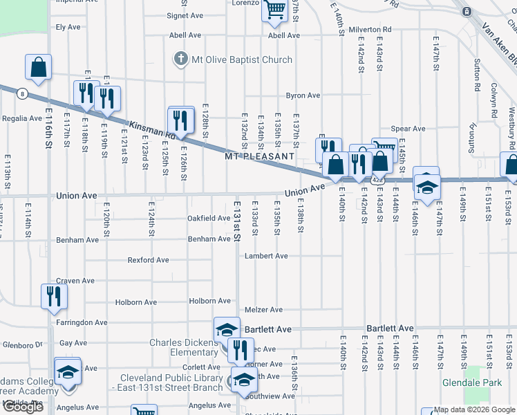 map of restaurants, bars, coffee shops, grocery stores, and more near 3521 East 133rd Street in Cleveland