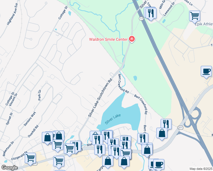 map of restaurants, bars, coffee shops, grocery stores, and more near 200 Silver Lake-Scotchtown Road in Middletown