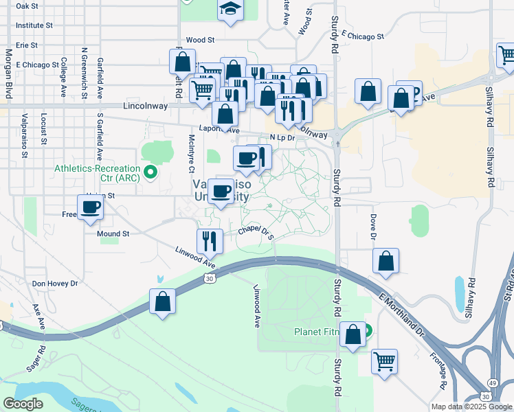 map of restaurants, bars, coffee shops, grocery stores, and more near 1600 Chapel Drive in Valparaiso