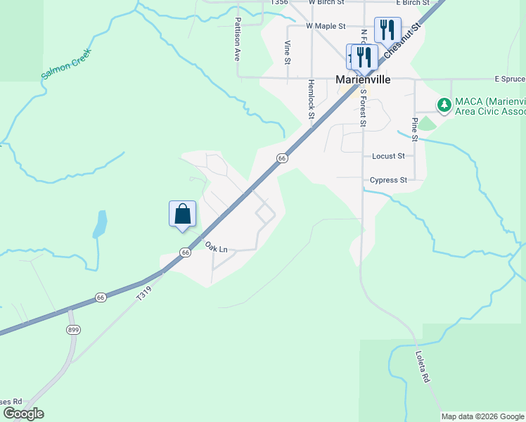 map of restaurants, bars, coffee shops, grocery stores, and more near 500-598 Red Oak Lane in Marienville