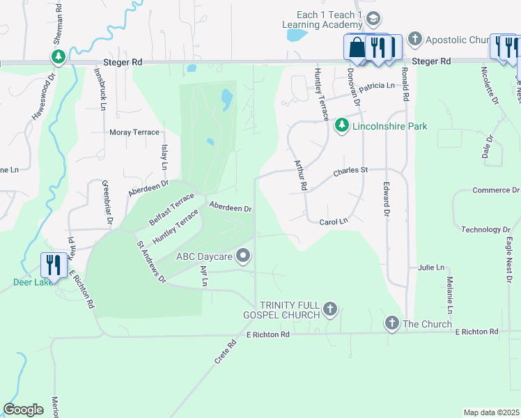 map of restaurants, bars, coffee shops, grocery stores, and more near 3595 Beckwith Lane in Crete