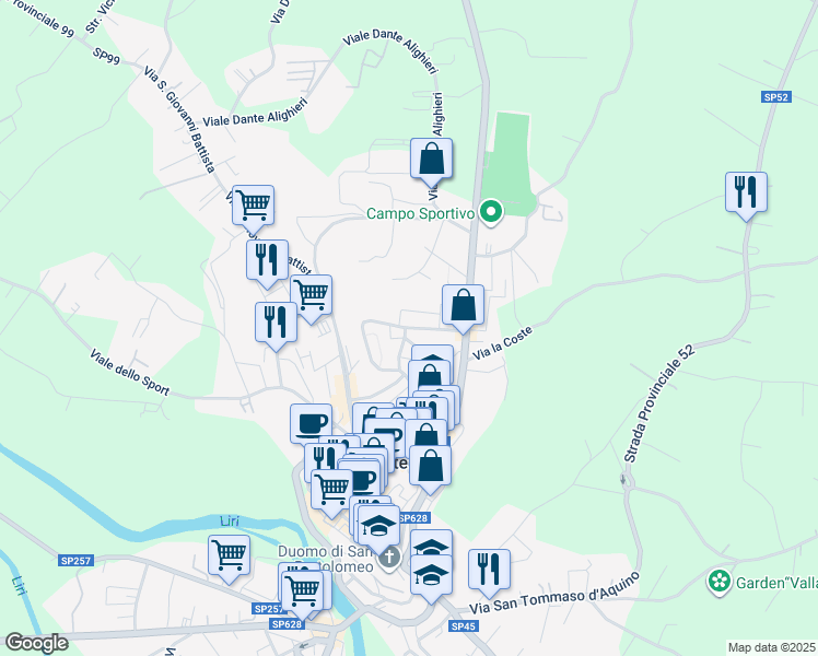 map of restaurants, bars, coffee shops, grocery stores, and more near 19 Via Trieste in Pontecorvo