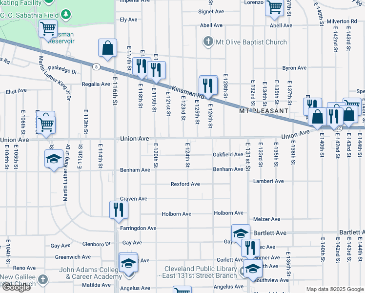 map of restaurants, bars, coffee shops, grocery stores, and more near 3510 East 124th Street in Cleveland