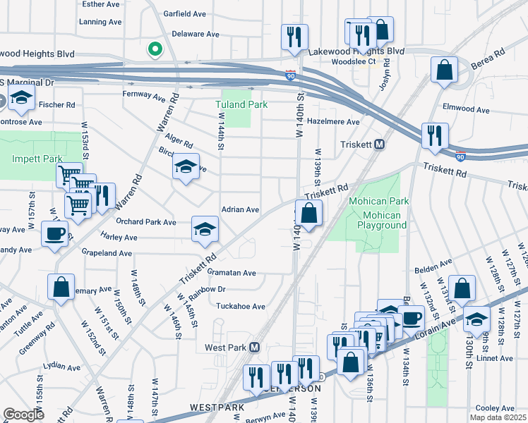 map of restaurants, bars, coffee shops, grocery stores, and more near 14158 Triskett Road in Cleveland