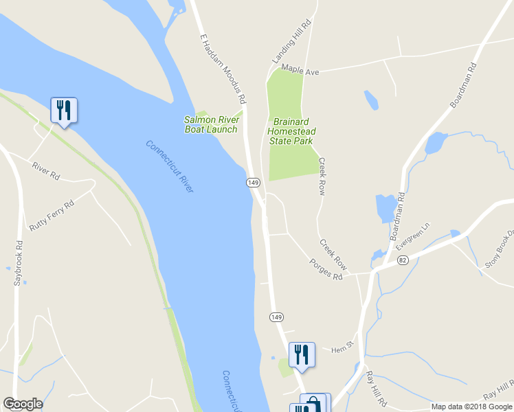 map of restaurants, bars, coffee shops, grocery stores, and more near 91 Main Street in East Haddam