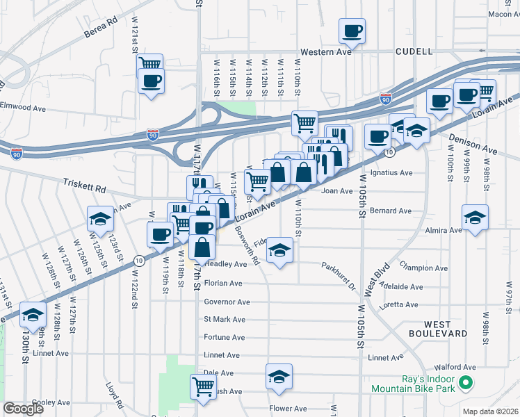 map of restaurants, bars, coffee shops, grocery stores, and more near 11214 Lorain Avenue in Cleveland