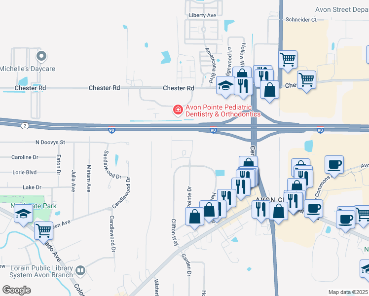 map of restaurants, bars, coffee shops, grocery stores, and more near 36436 Reserve Court in Avon