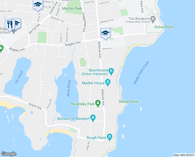 map of restaurants, bars, coffee shops, grocery stores, and more near 579 Bellevue Avenue in Newport