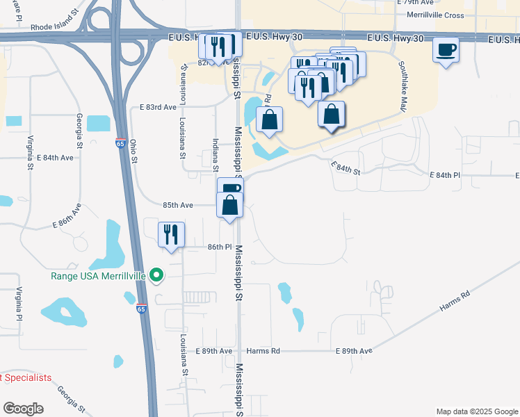 map of restaurants, bars, coffee shops, grocery stores, and more near 1611 East 85th Court in Merrillville
