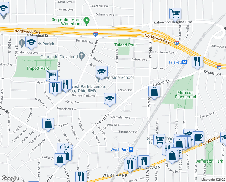 map of restaurants, bars, coffee shops, grocery stores, and more near 3296 West 144th Street in Cleveland