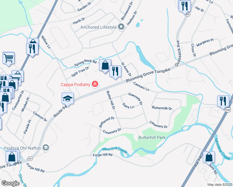map of restaurants, bars, coffee shops, grocery stores, and more near 46 Guernsey Drive in New Windsor