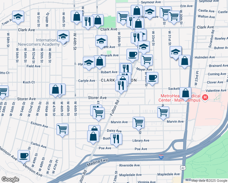map of restaurants, bars, coffee shops, grocery stores, and more near 3841 Sackett Avenue in Cleveland