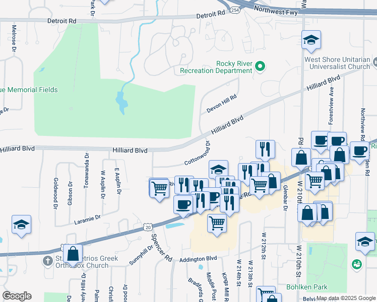 map of restaurants, bars, coffee shops, grocery stores, and more near 21869 Hilliard Boulevard in Rocky River