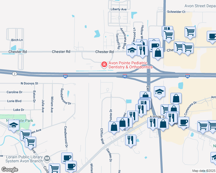 map of restaurants, bars, coffee shops, grocery stores, and more near 36436 Reserve Court in Avon
