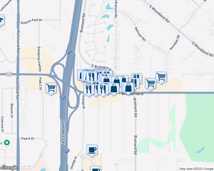 map of restaurants, bars, coffee shops, grocery stores, and more near 3441 West Brainard Road in Beachwood