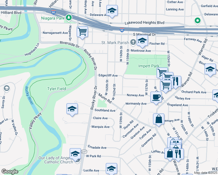 map of restaurants, bars, coffee shops, grocery stores, and more near 3301 West 165th Street in Cleveland