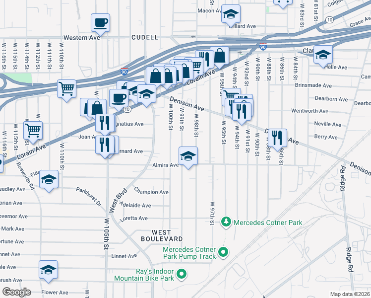 map of restaurants, bars, coffee shops, grocery stores, and more near 3338 West 98th Street in Cleveland