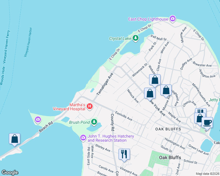map of restaurants, bars, coffee shops, grocery stores, and more near 4 Camp Street in Oak Bluffs