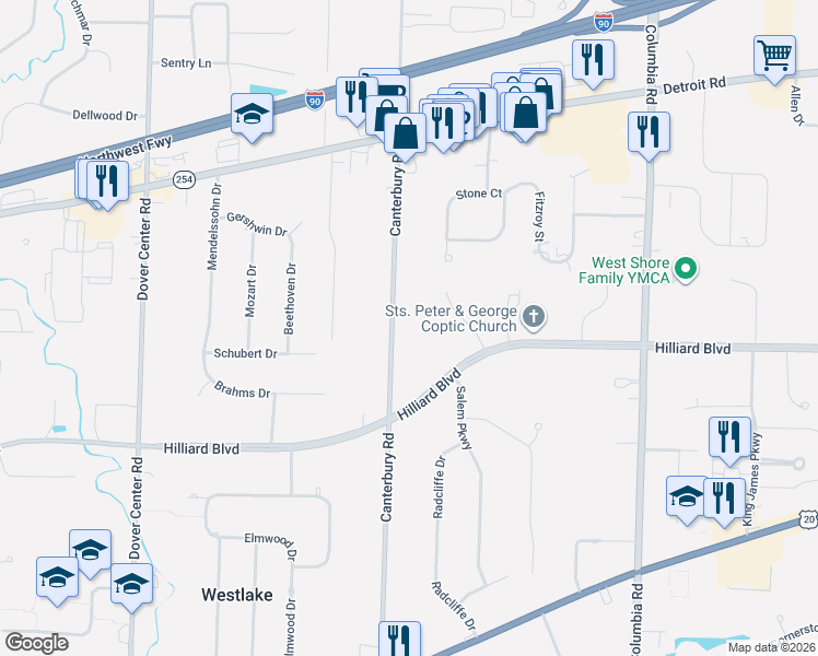 map of restaurants, bars, coffee shops, grocery stores, and more near 1622 Balmoral Way in Westlake