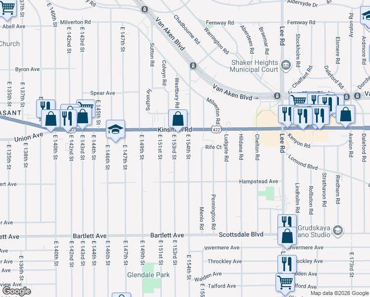 map of restaurants, bars, coffee shops, grocery stores, and more near 3551 East 154th Street in Cleveland