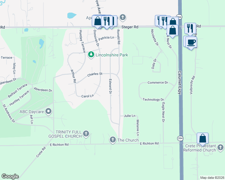 map of restaurants, bars, coffee shops, grocery stores, and more near 3612 Ronald Road in Crete