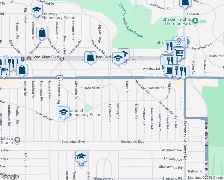 map of restaurants, bars, coffee shops, grocery stores, and more near 3554 Townley Road in Shaker Heights