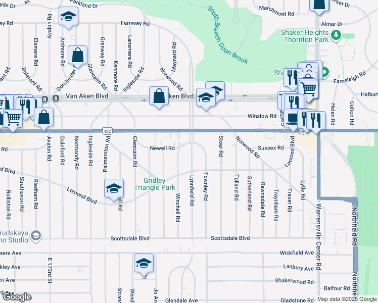 map of restaurants, bars, coffee shops, grocery stores, and more near 3554 Lynnfield Road in Shaker Heights