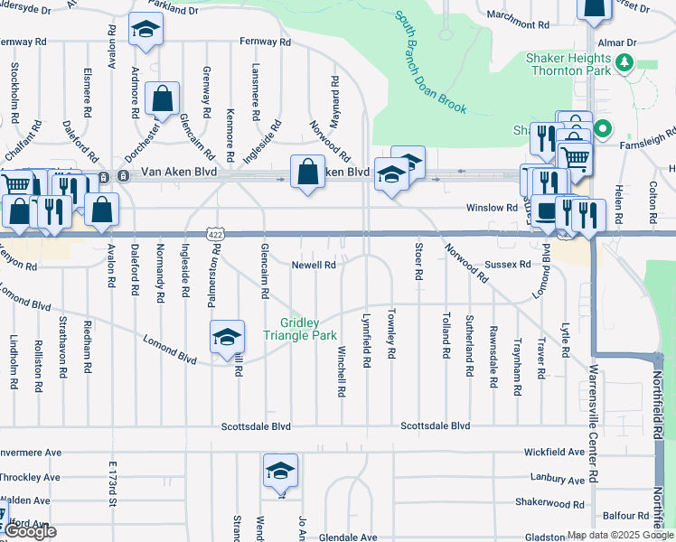 map of restaurants, bars, coffee shops, grocery stores, and more near 3553 Latimore Road in Shaker Heights