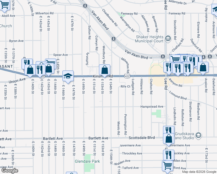 map of restaurants, bars, coffee shops, grocery stores, and more near 3551 East 154th Street in Cleveland