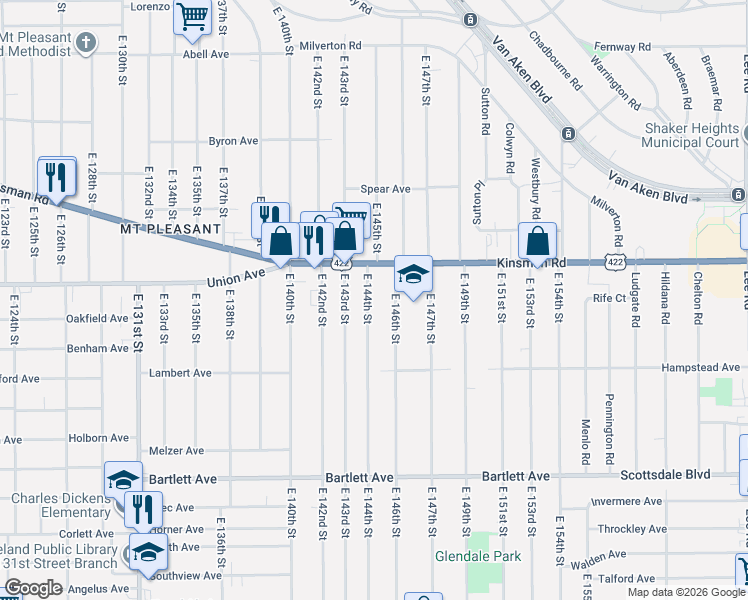 map of restaurants, bars, coffee shops, grocery stores, and more near 3544 East 146th Street in Cleveland