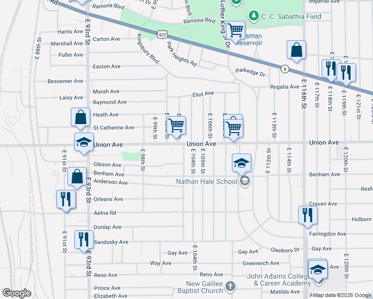map of restaurants, bars, coffee shops, grocery stores, and more near 3518 East 103rd Street in Cleveland