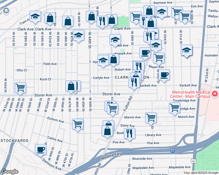 map of restaurants, bars, coffee shops, grocery stores, and more near 4121 Sackett Avenue in Cleveland